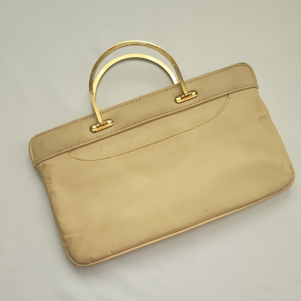 Vintage Made In Hong Kong Elegant Cream Handbag with Gold Handles And Chain
